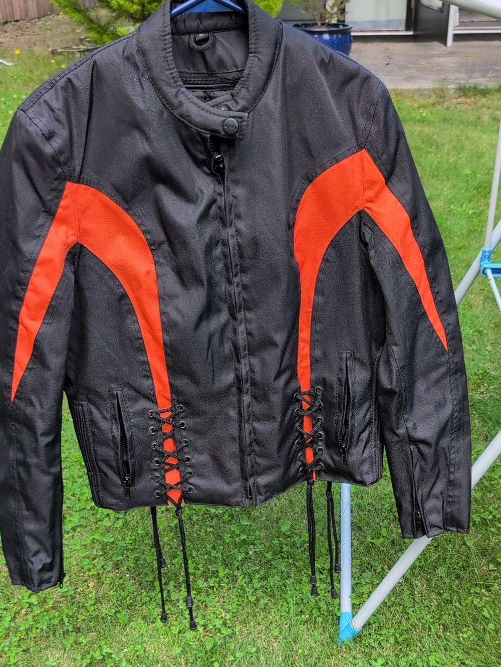 Women's Black Motorcycle Jacket with Orange Accents M